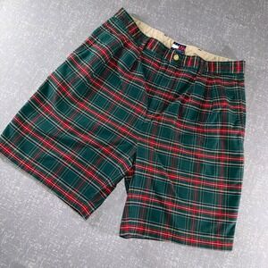 Tommy Hilfiger Mens Vintage Green Plaid Pleated Cotton Shorts Size 34 Tartan